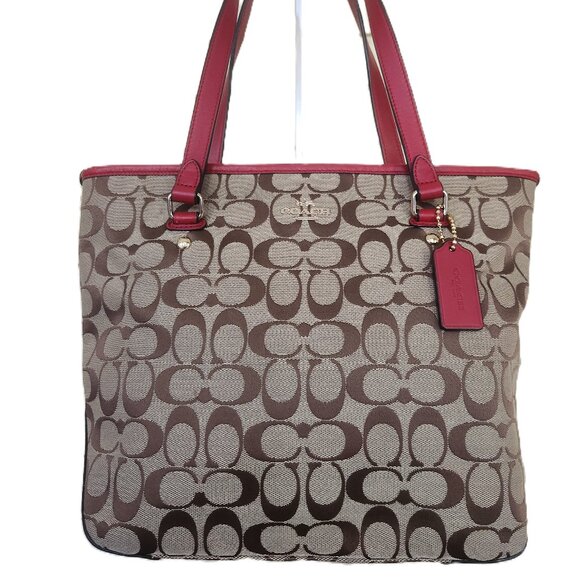 Like New Coach City Signature Khaki & Red Leather Shoulder Bag Purse Satchel - Picture 1 of 15